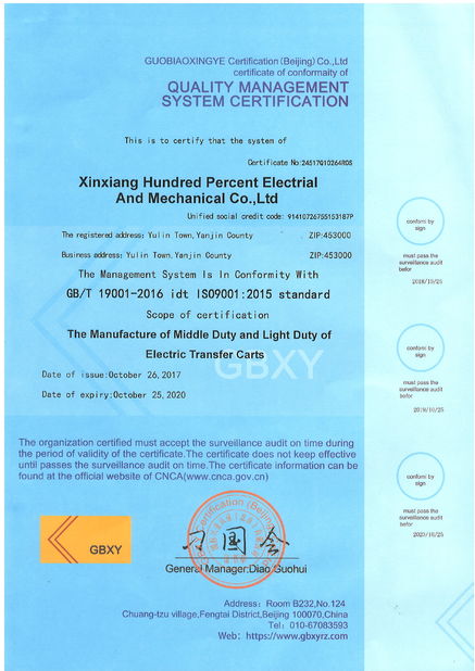 Китай Xinxiang Hundred Percent Electrical and Mechanical Co.,Ltd Сертификаты